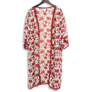 LuLaRoe Kimono Coverup Womens Medium White Red Rose Floral Lace Trim Chiffon